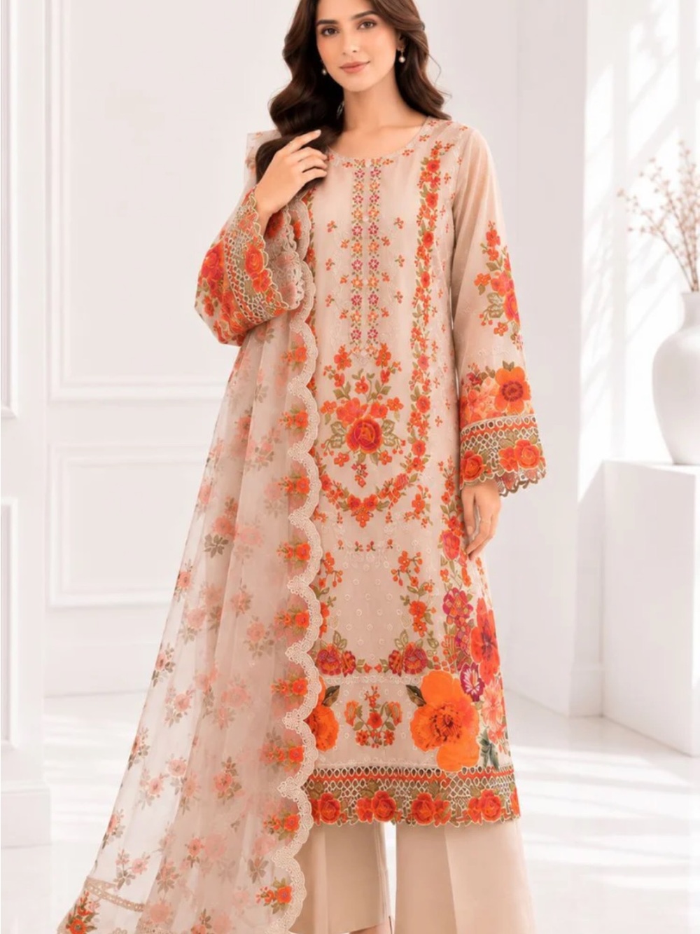 Beige Kurta with Orange & Red Floral Embroidery